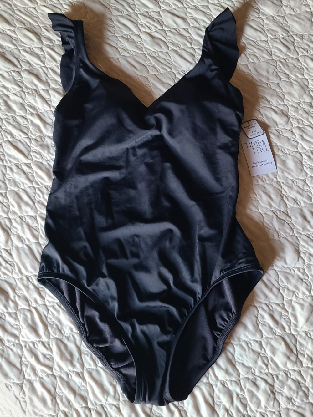 Time and Tru Black Ruffle Strap One-Piece Swimsuit